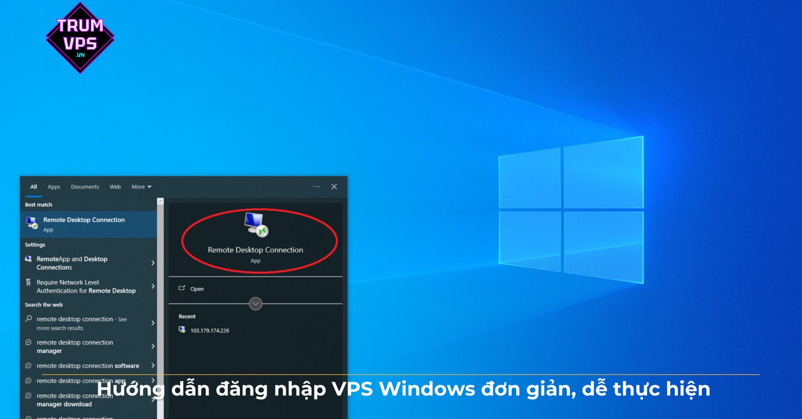 Giao diện Remote Desktop Connection để đăng nhập vps